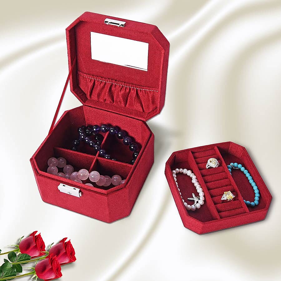 Wine Red Velvet Jewellery Box with Tassel Key Lock, Removeable Tray and Inside Mirror (16.5x16.15x10cm)