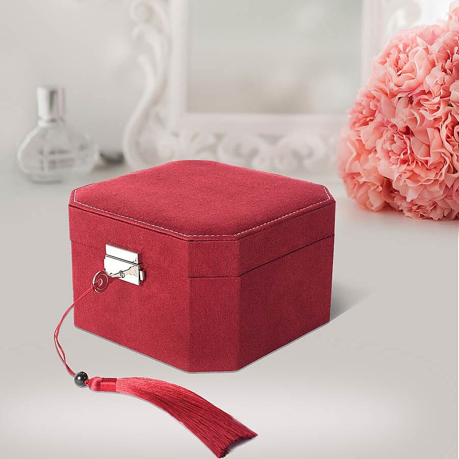 Wine Red Velvet Jewellery Box with Tassel Key Lock, Removeable Tray and Inside Mirror (16.5x16.15x10cm)
