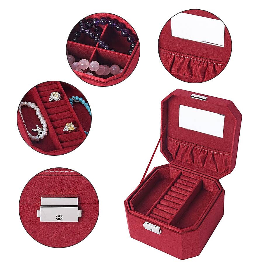Wine Red Velvet Jewellery Box with Tassel Key Lock, Removeable Tray and Inside Mirror (16.5x16.15x10cm)
