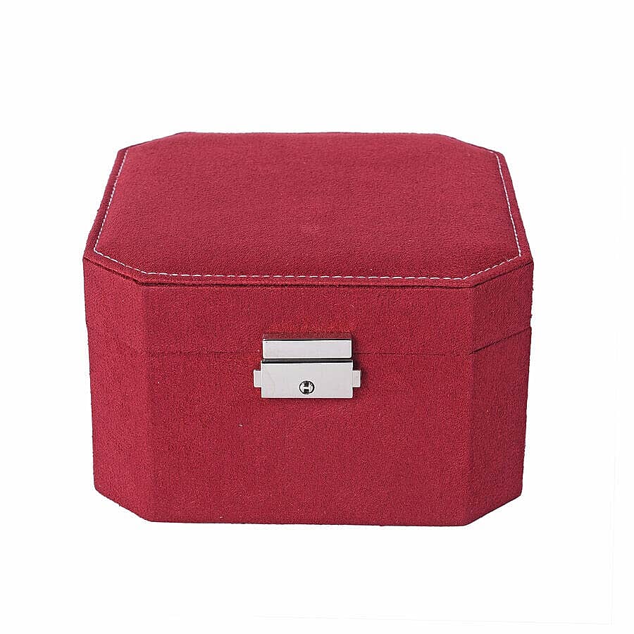 Wine Red Velvet Jewellery Box with Tassel Key Lock, Removeable Tray and Inside Mirror (16.5x16.15x10cm)
