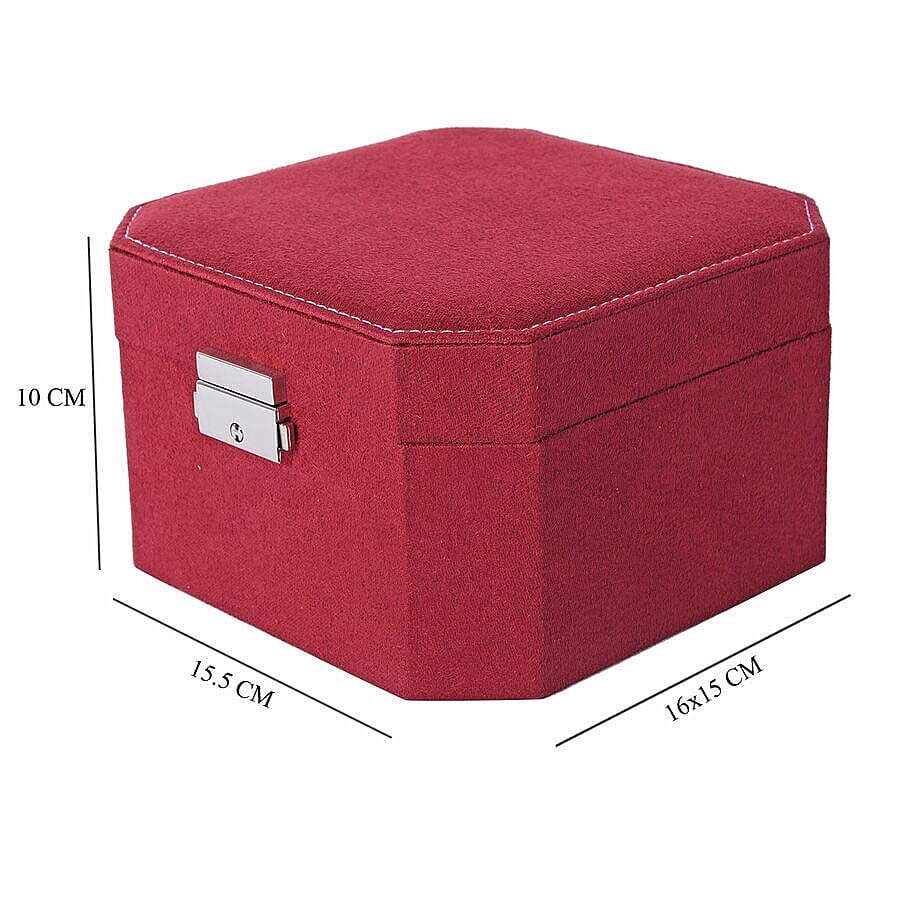 Wine Red Velvet Jewellery Box with Tassel Key Lock, Removeable Tray and Inside Mirror (16.5x16.15x10cm)