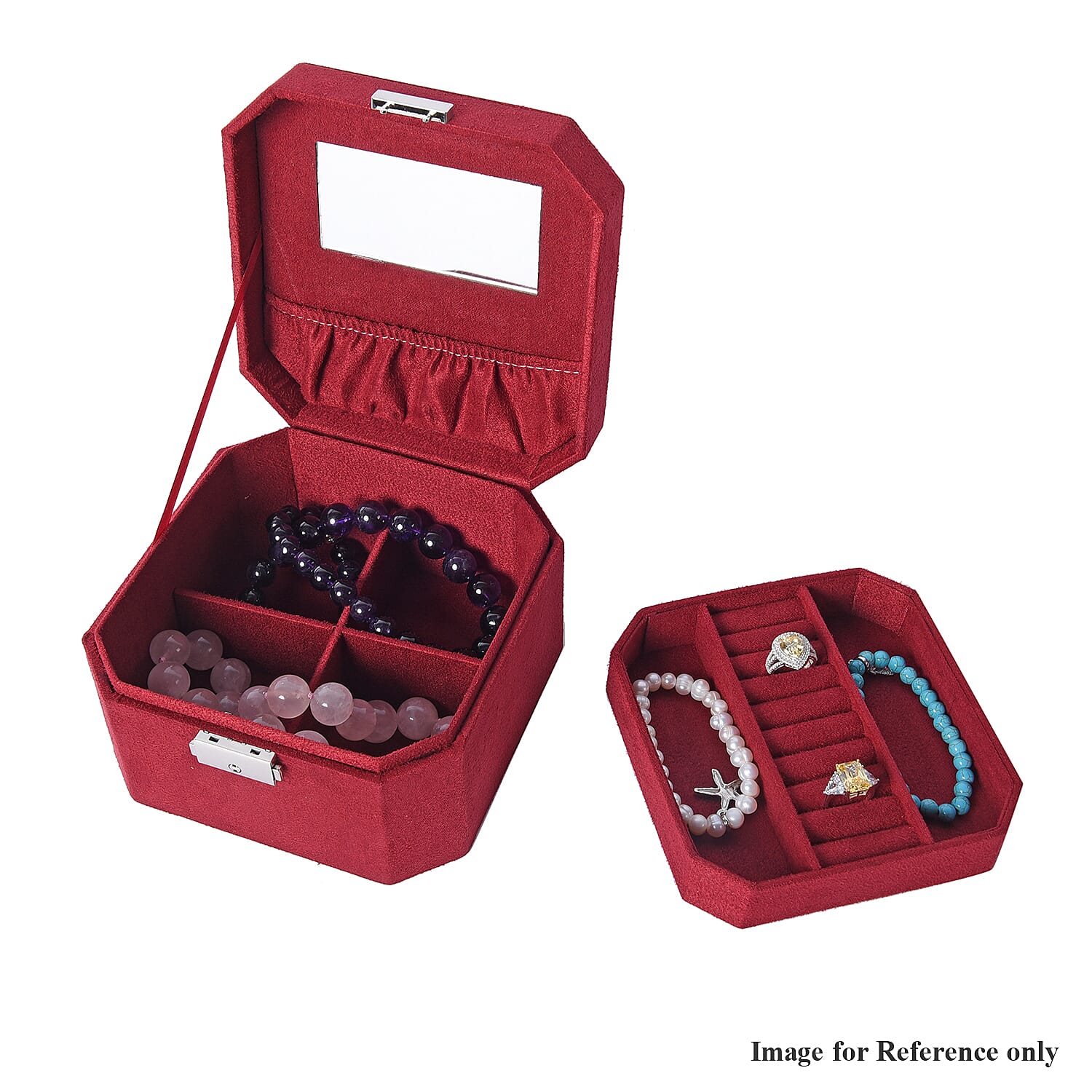 Wine Red Velvet Jewellery Box with Tassel Key Lock, Removeable Tray and Inside Mirror (16.5x16.15x10cm)