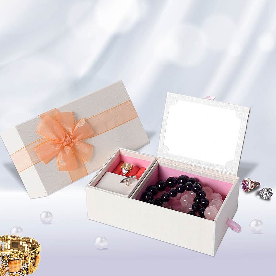 Castle in the Sky Music Jewellery Box with Ring Section and Extendable Mirror in Cream Colour with Orange Bow(18.5x10.5x6.5cm)