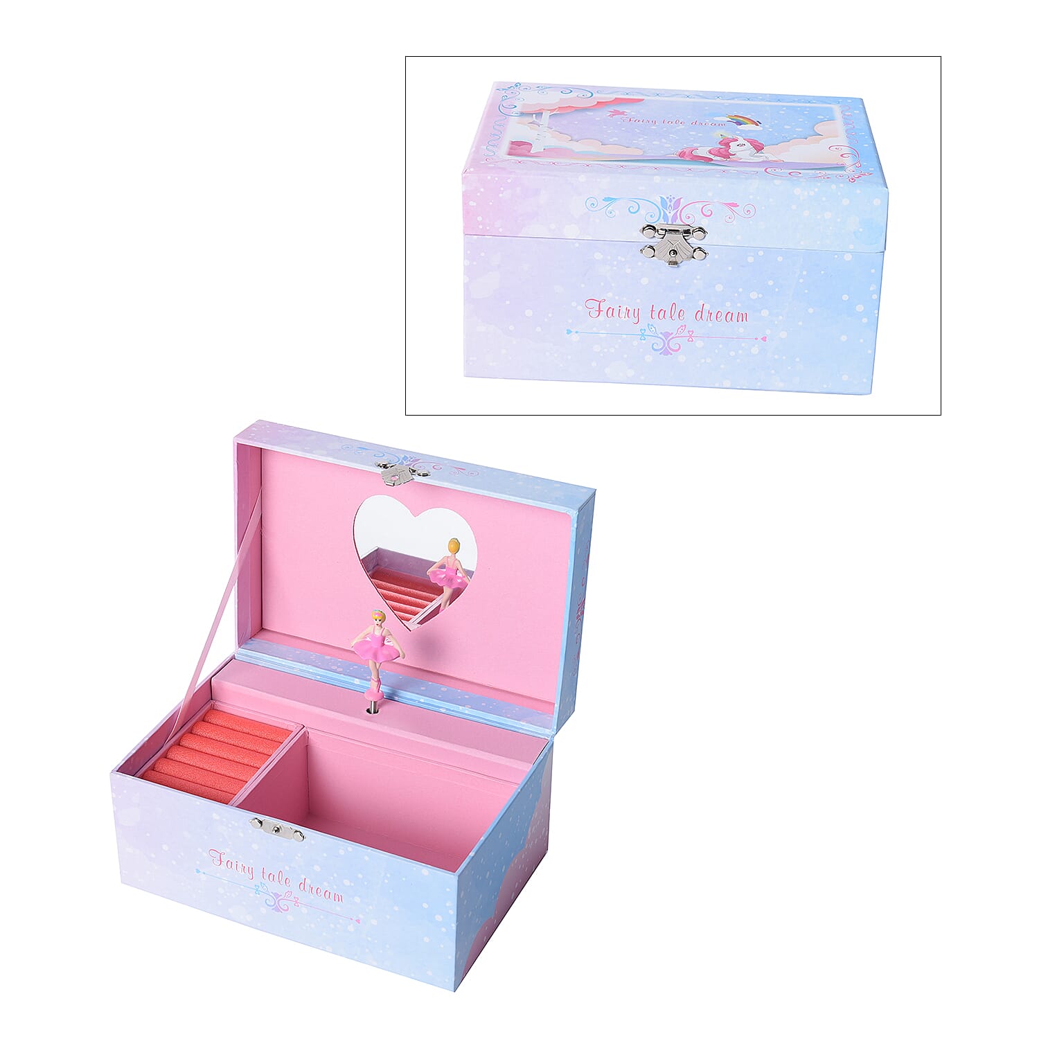 Castle in the Sky Music Blue Jewellery Box with Heart Shape Mirror and Pink Interior (18x12x10cm)