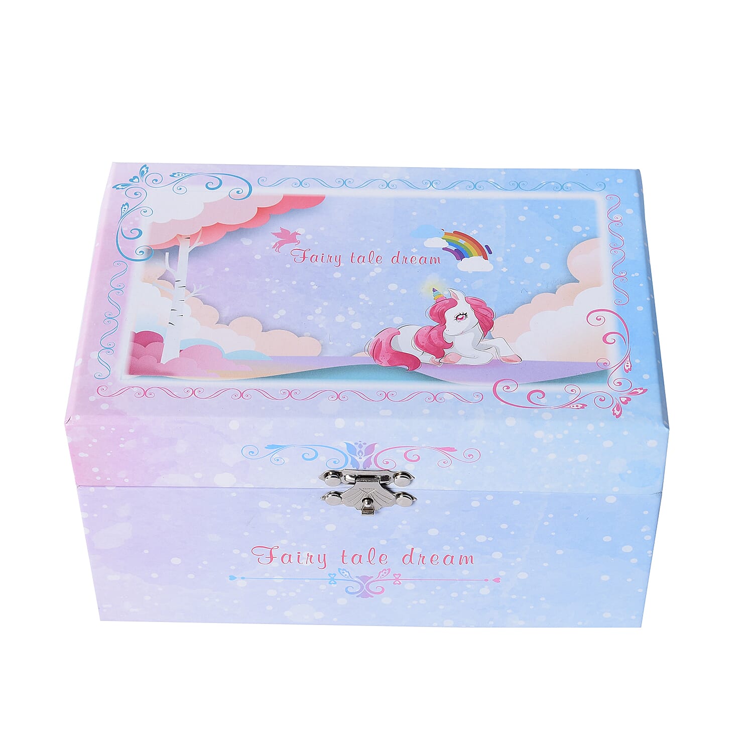 Castle in the Sky Music Blue Jewellery Box with Heart Shape Mirror and Pink Interior (18x12x10cm)