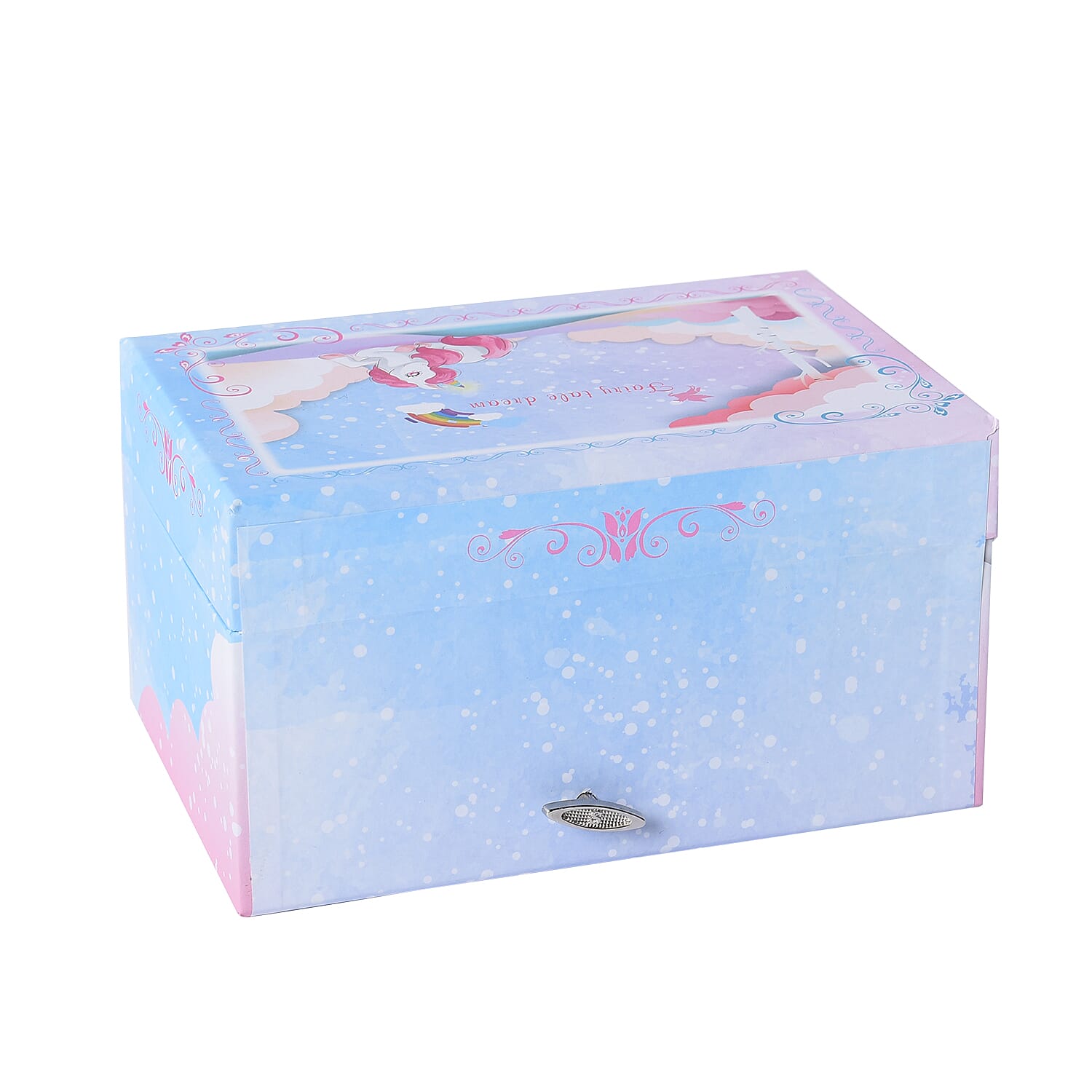 Castle in the Sky Music Blue Jewellery Box with Heart Shape Mirror and Pink Interior (18x12x10cm)