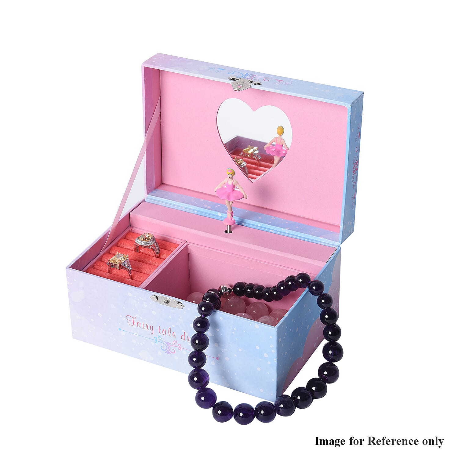 Castle in the Sky Music Blue Jewellery Box with Heart Shape Mirror and Pink Interior (18x12x10cm)