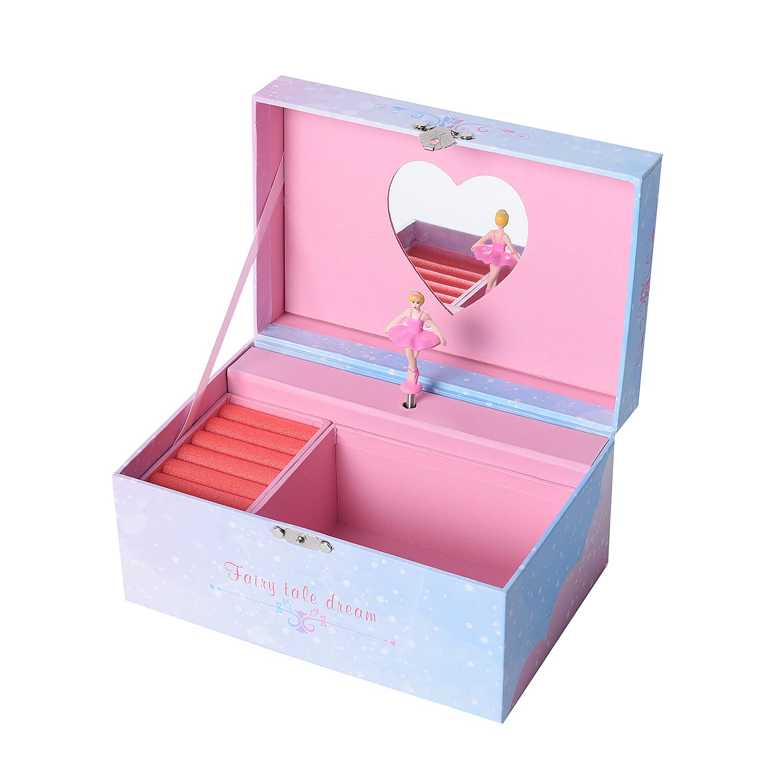 Castle in the Sky Music Blue Jewellery Box with Heart Shape Mirror and Pink Interior (18x12x10cm)