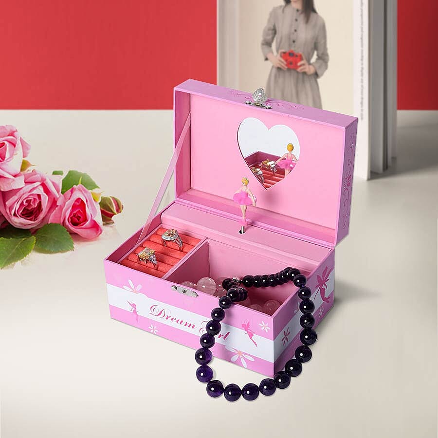 Castle in the Sky Music Pink Jewellery Box with Heart Shape Mirror and Pink Interior (18x12x10cm)