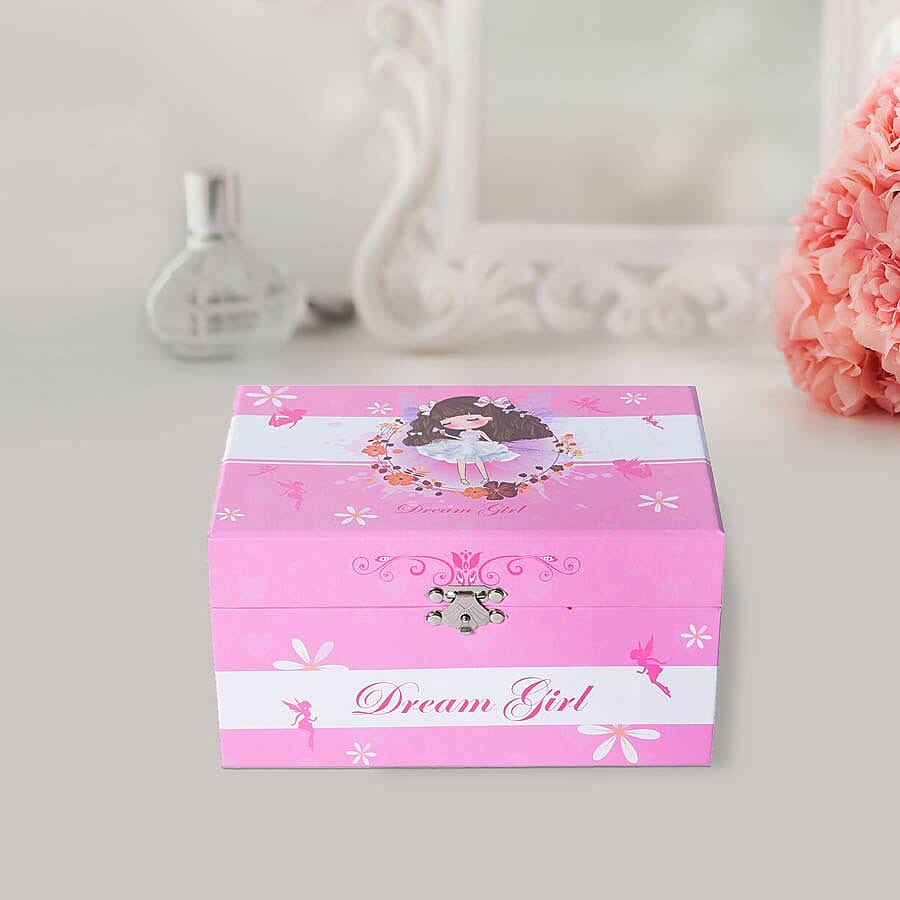 Castle in the Sky Music Pink Jewellery Box with Heart Shape Mirror and Pink Interior (18x12x10cm)