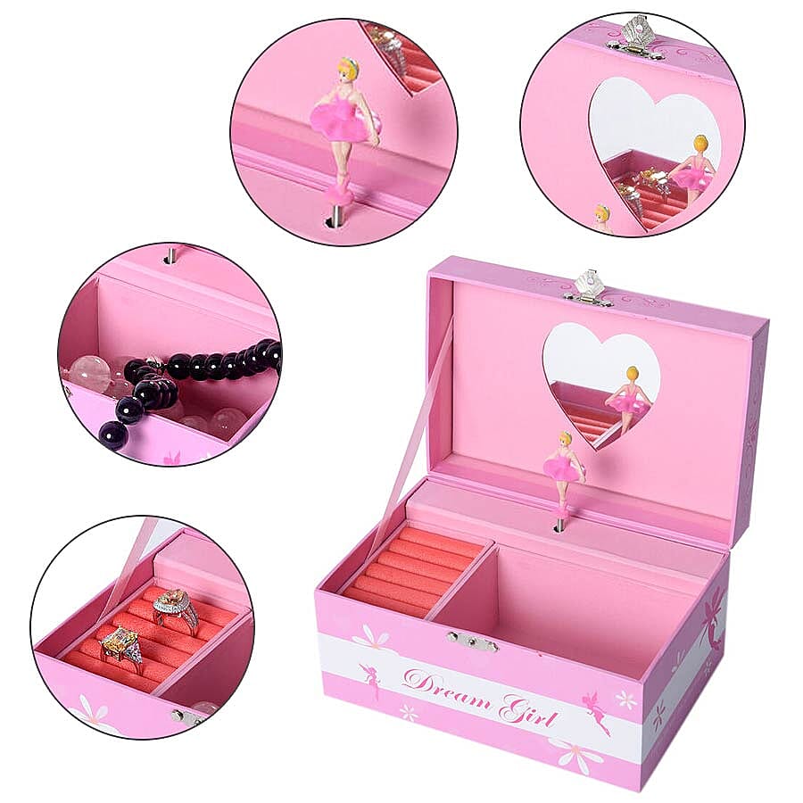 Castle in the Sky Music Pink Jewellery Box with Heart Shape Mirror and Pink Interior (18x12x10cm)