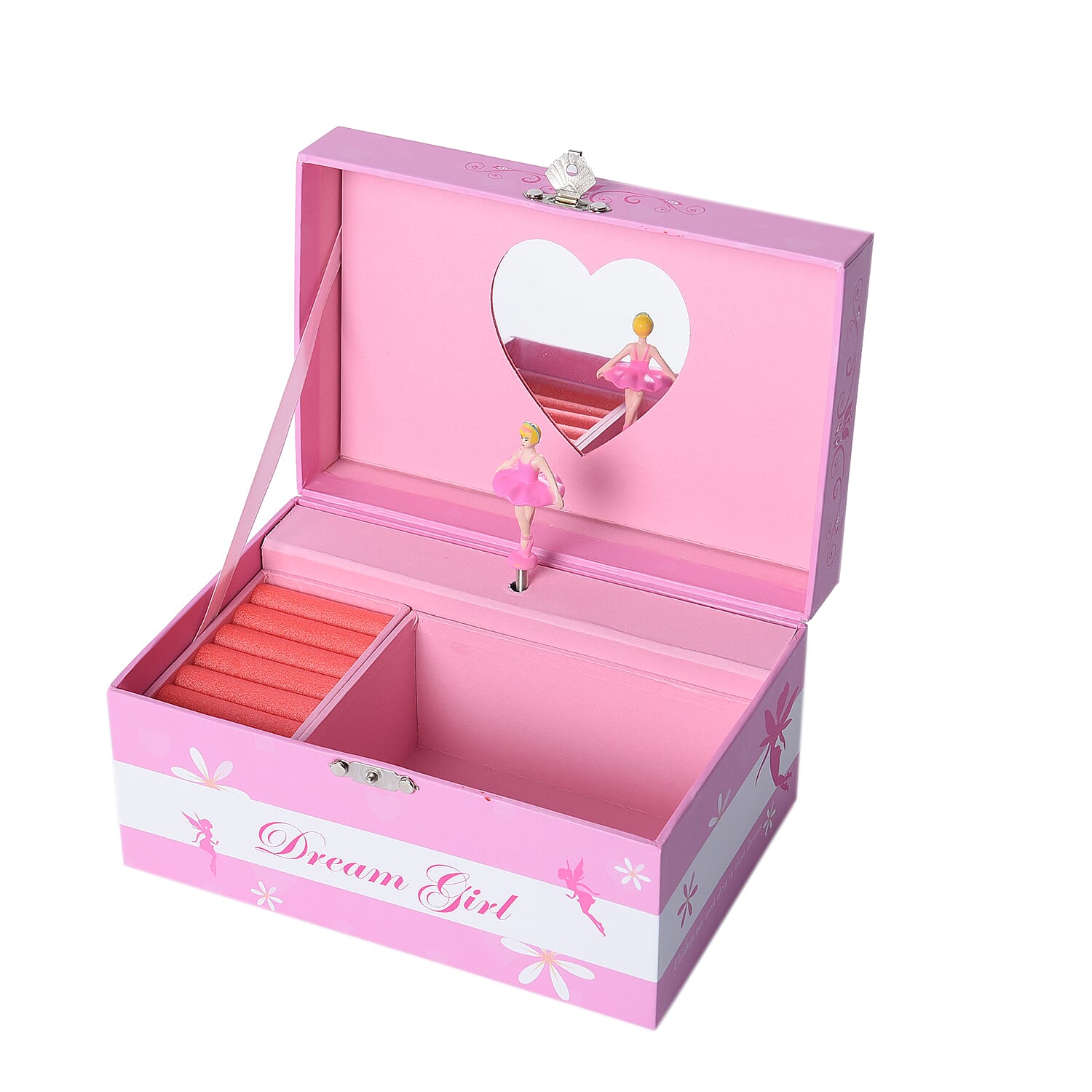 Castle in the Sky Music Pink Jewellery Box with Heart Shape Mirror and Pink Interior (18x12x10cm)