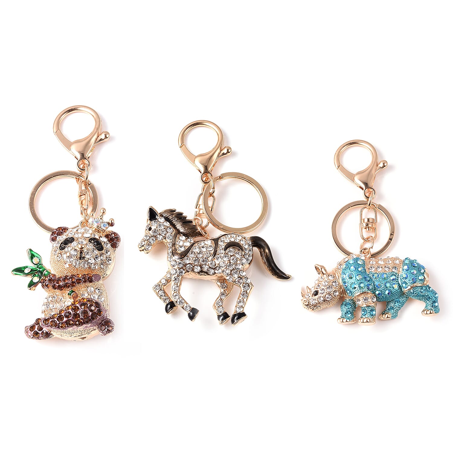 Set of 3 - White, Black and Multi Colour Austrian Crystal Koala, Horse and Hippo Enamelled Keychain