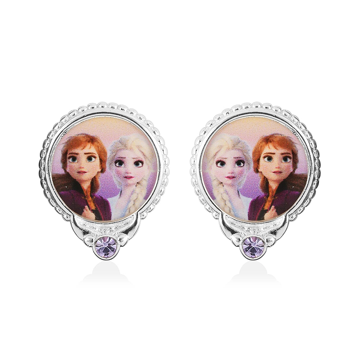 Set of 2 Disney Frozen Purlple Austrian Crystal Anna & Elsa Earrings in Silvertone