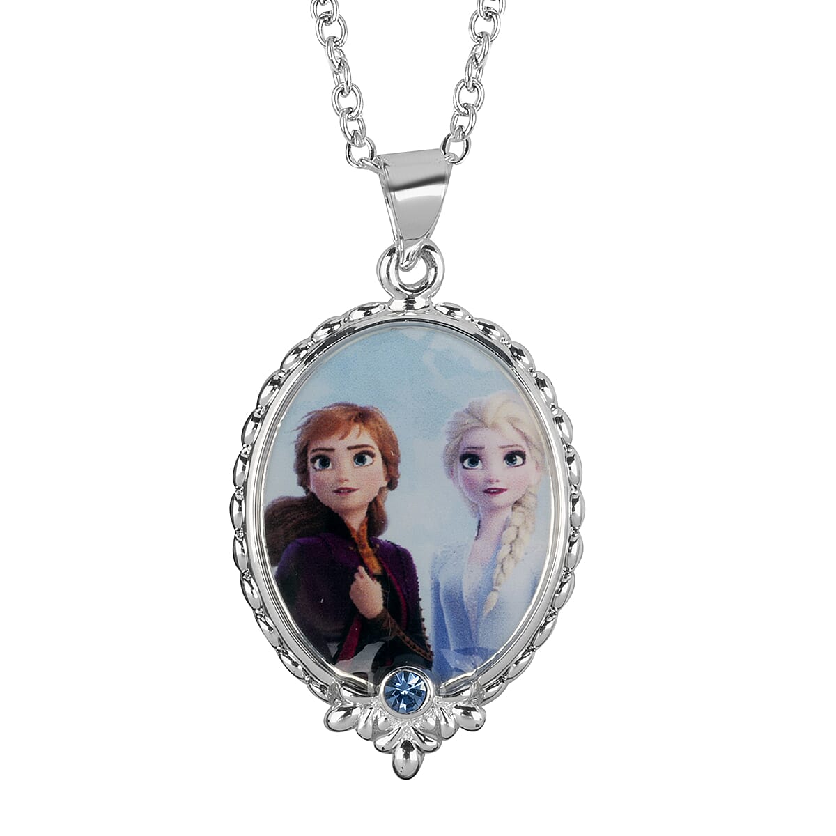 Disney Frozen 2 Elsa and Anna Blue Austrian Crystal Pendant Necklace (Size-18) in Silvertone