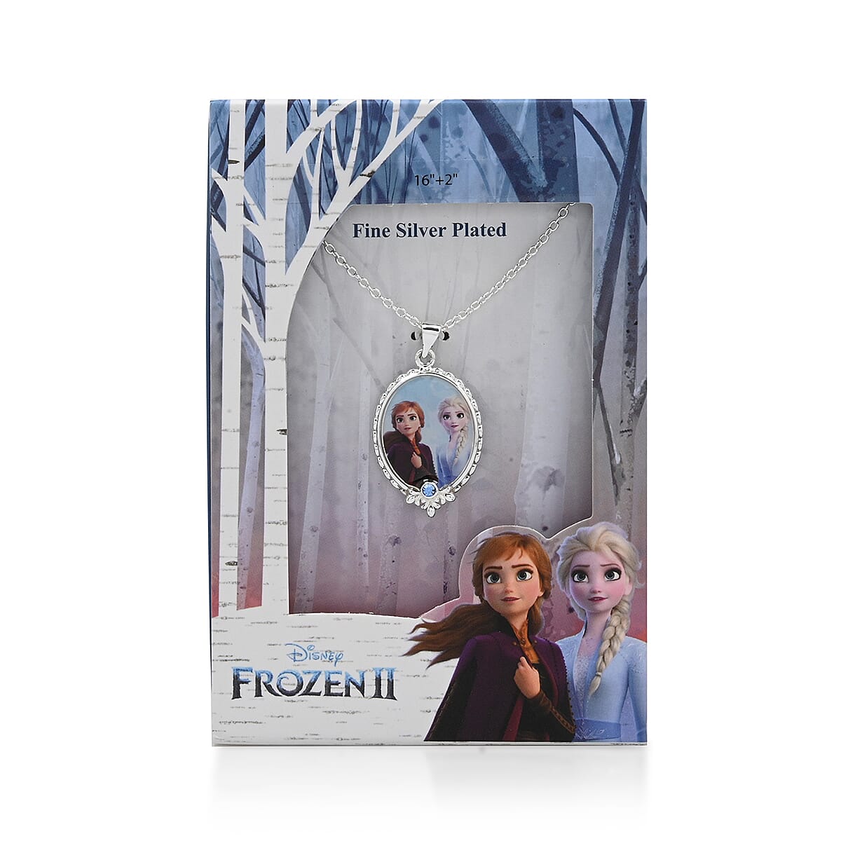 Disney Frozen 2 Elsa and Anna Blue Austrian Crystal Pendant Necklace (Size-18) in Silvertone