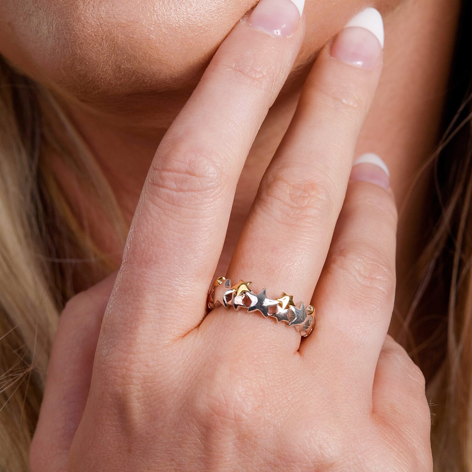 Platinum Overlay, 18K Yellow and Rose Gold Vermeil Plated Sterling Silver Star Ring, Silver Wt 5.13 Gms