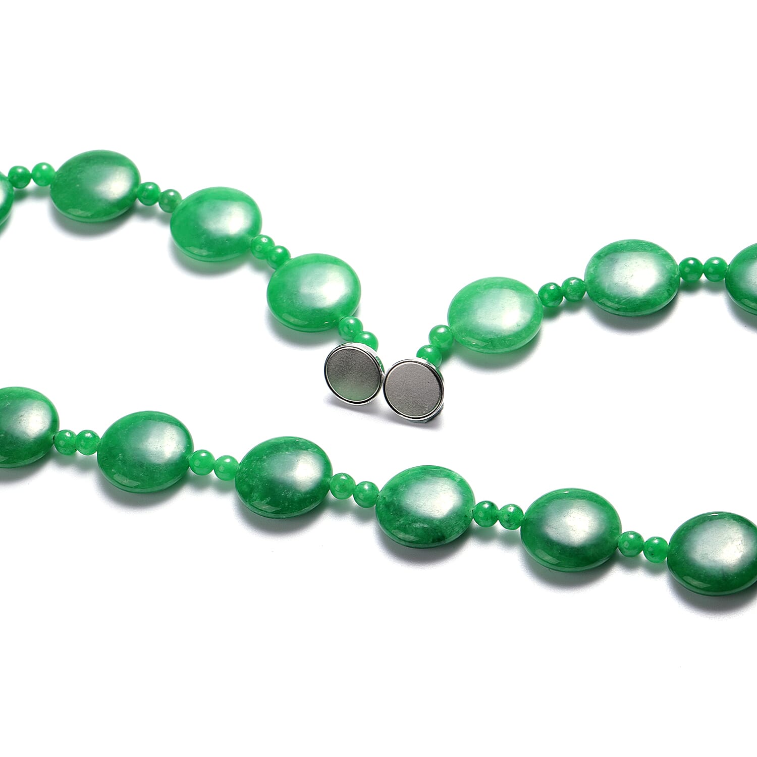 Green Jade Necklace (Size 20) with Magnetic Lock in Rhodium Overlay Sterling Silver 344.00 Ct.