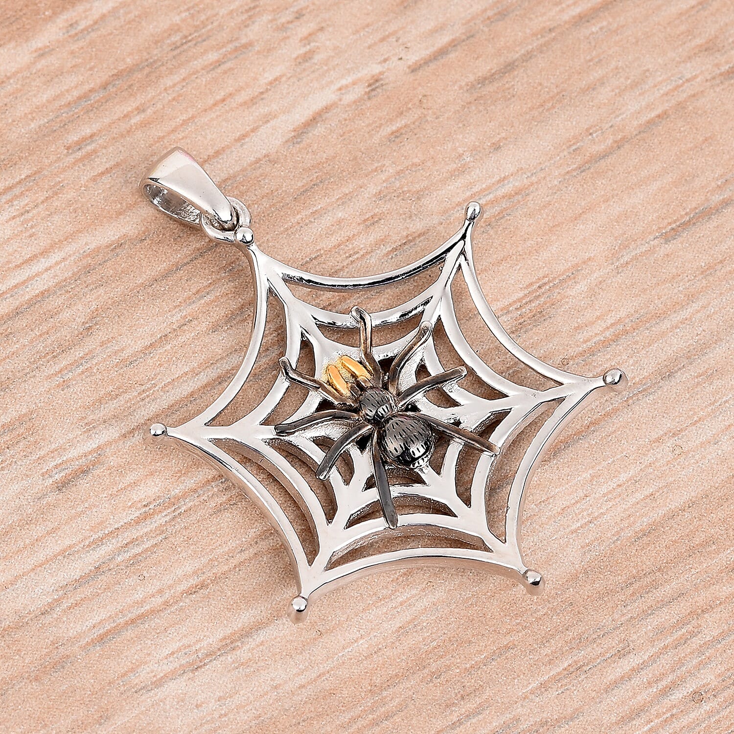 Platinum, Yellow Gold and Black Overlay Sterling Silver Spider Web Pendant