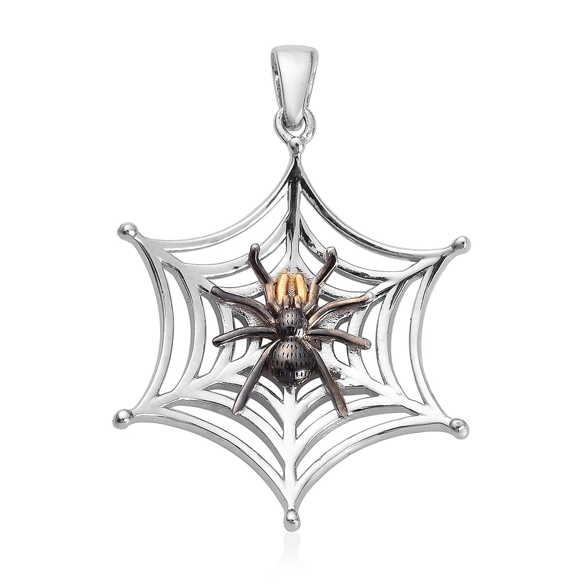 Platinum, Yellow Gold and Black Overlay Sterling Silver Spider Web Pendant