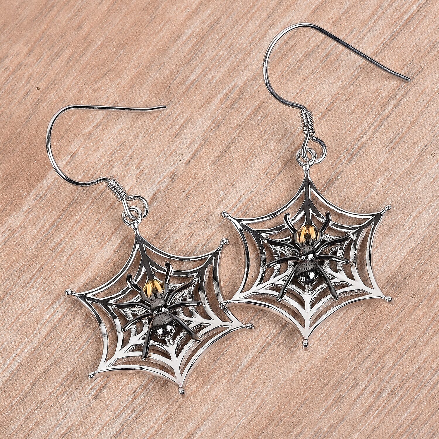 Platinum, Yellow Gold and Black Overlay Sterling Silver Spider Web Hook Earrings, Silver wt 5.40 Gms