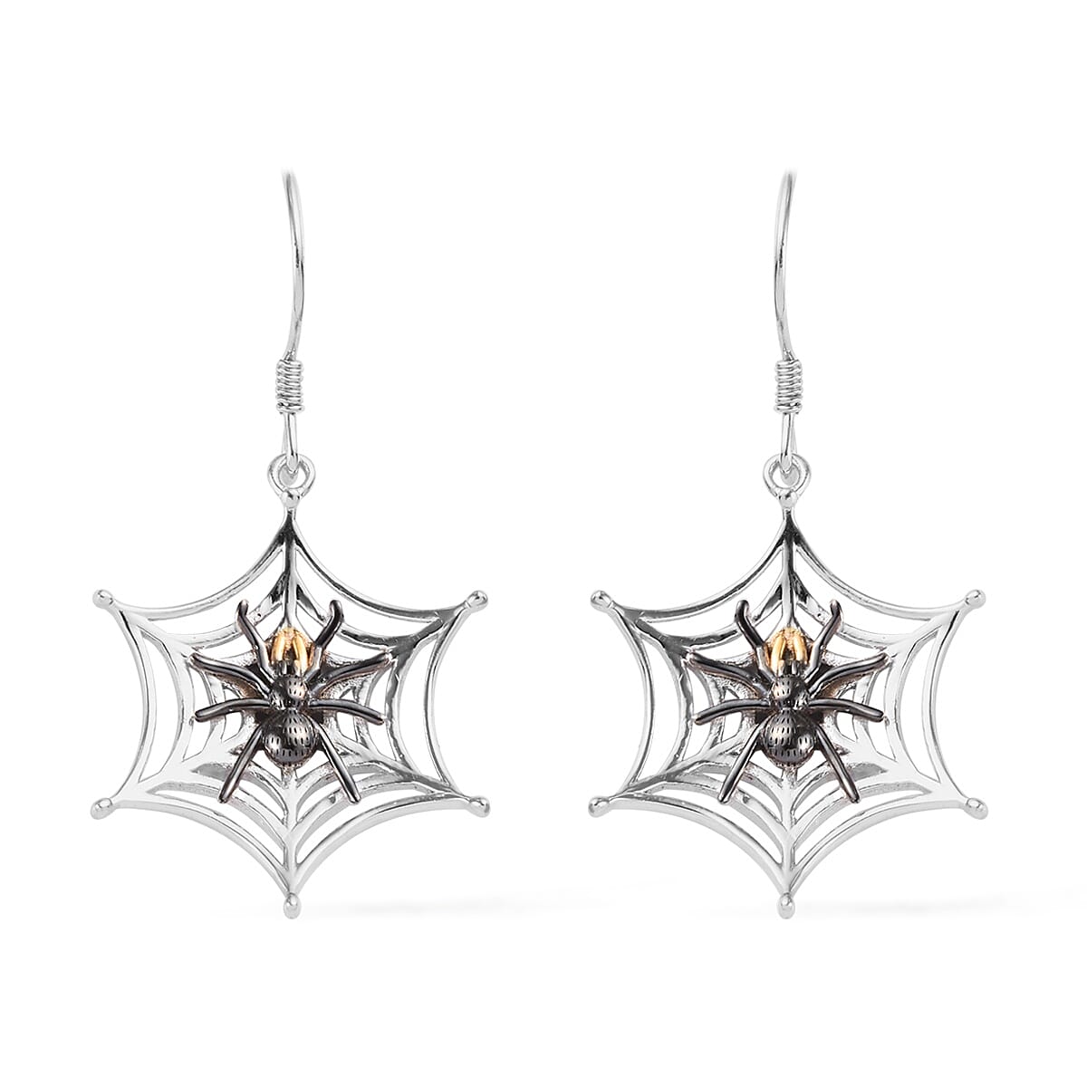Platinum, Yellow Gold and Black Overlay Sterling Silver Spider Web Hook Earrings, Silver wt 5.40 Gms