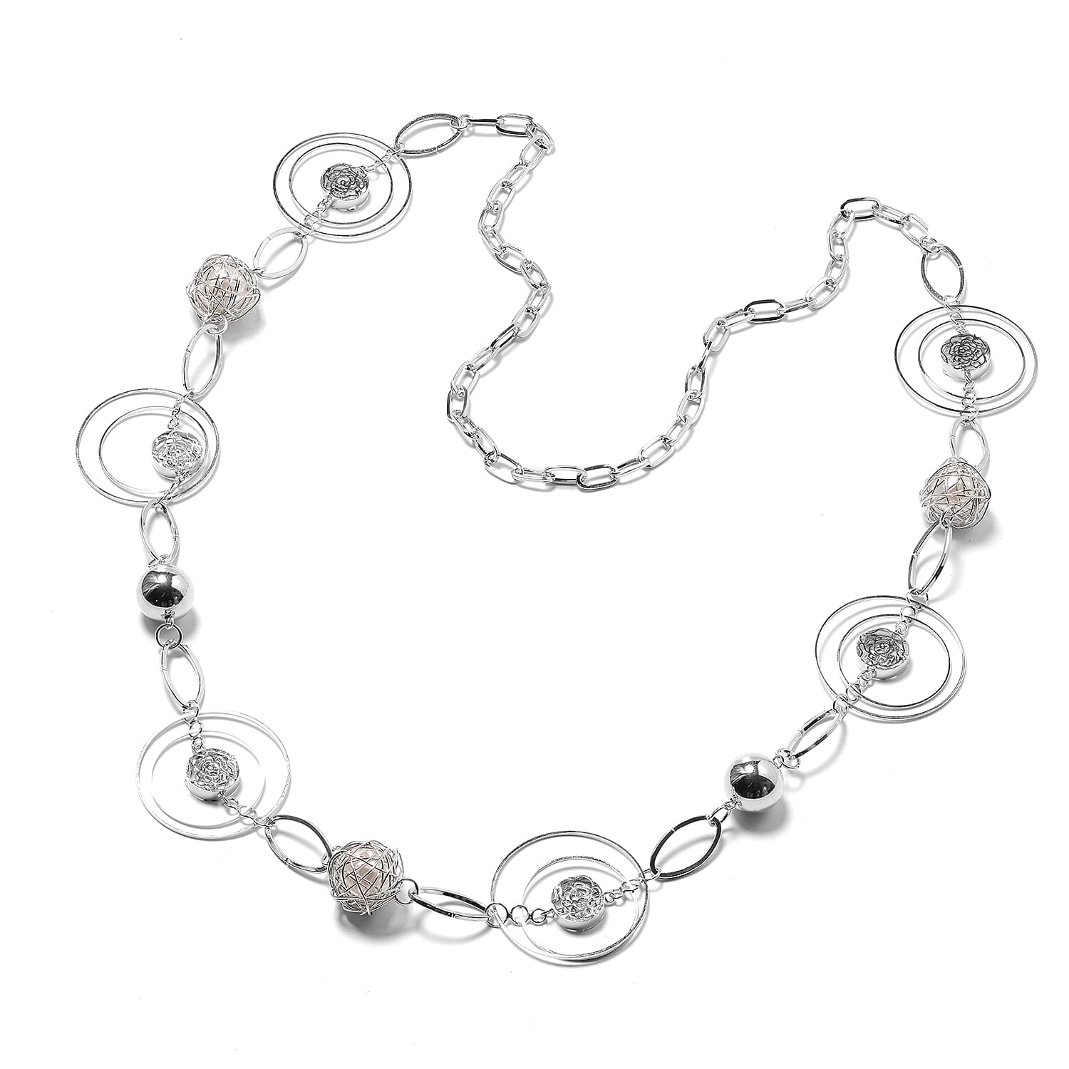Simulated Pearl Necklace (Size 40) in Silver Tone