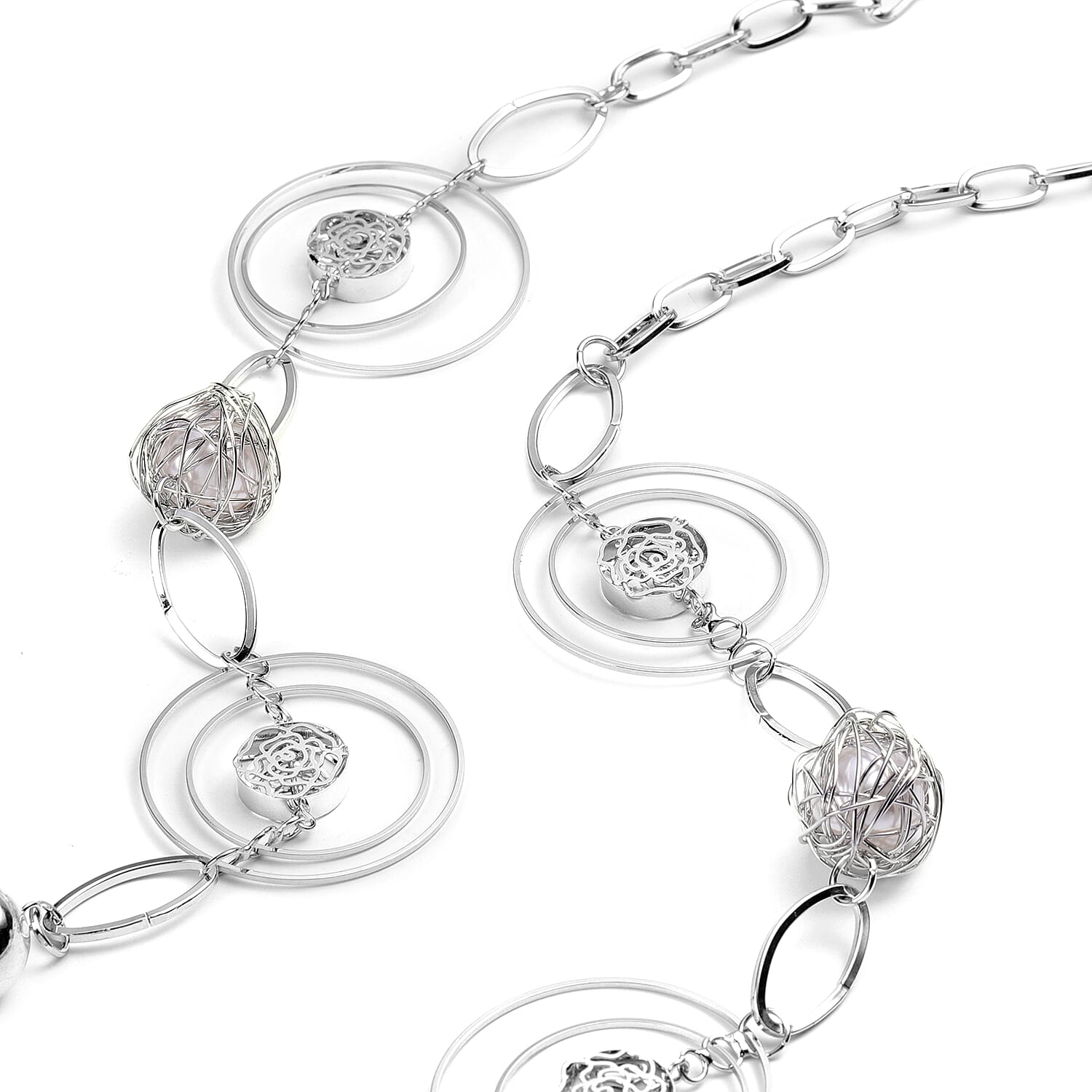 Simulated Pearl Necklace (Size 40) in Silver Tone