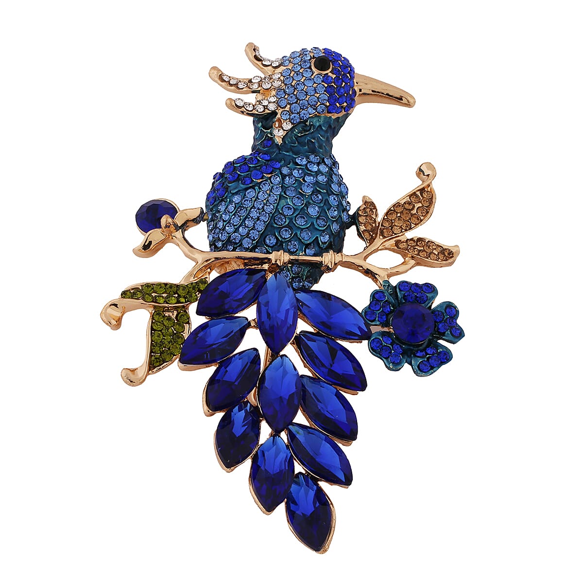 Simulated Blue Sapphire and Multi Colour Austrian Crystal Bird Brooch in Yellow Gold Tone