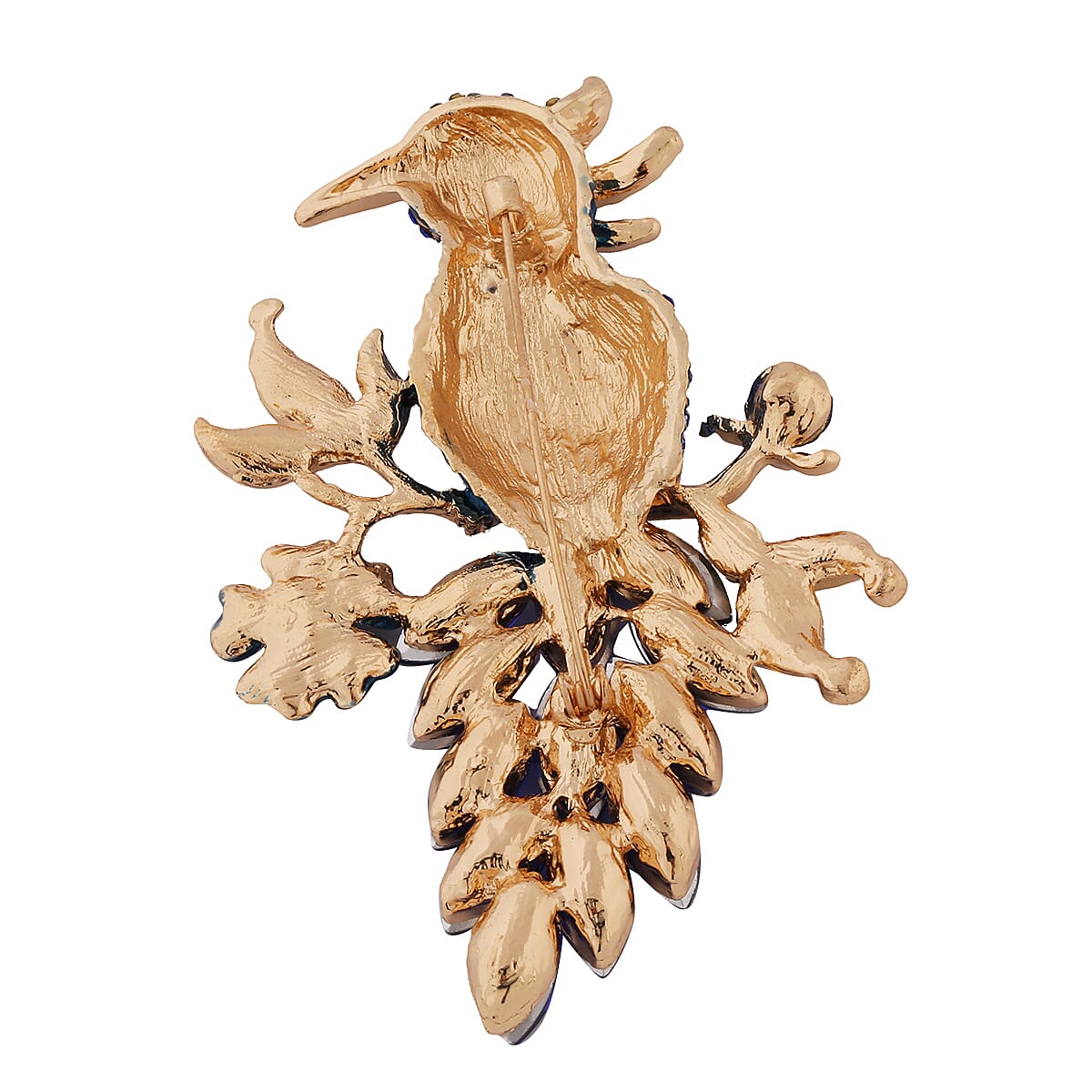 Simulated Blue Sapphire and Multi Colour Austrian Crystal Bird Brooch in Yellow Gold Tone