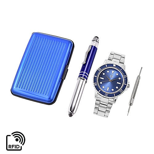 4 Piece Set - STRADA Japanese Movement Water Resistant Watch with Chain Strap, RFID Blocking Card Holder, Watch Link Removal Pin and Multi Function Black Ink Pen in Silver Tone - Blue
