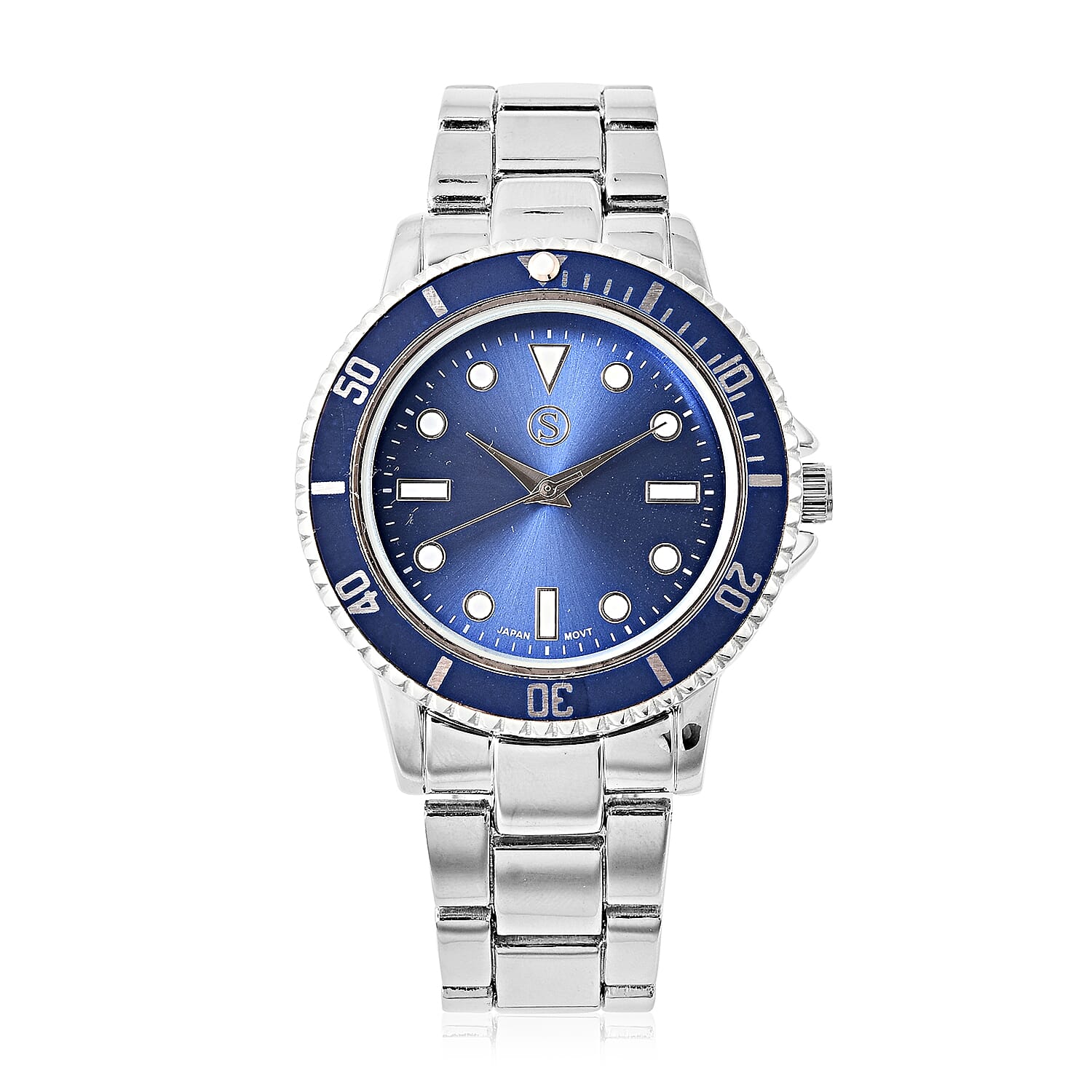 4 Piece Set - STRADA Japanese Movement Water Resistant Watch with Chain Strap, RFID Blocking Card Holder, Watch Link Removal Pin and Multi Function Black Ink Pen in Silver Tone - Blue