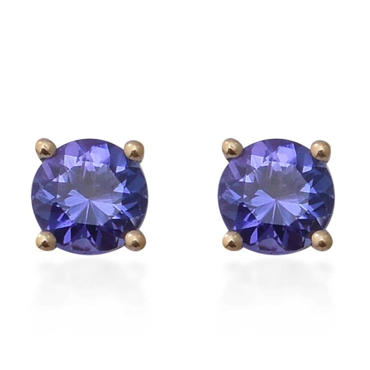 9K Yellow Gold AAA Premium Tanzanite (Round 5MM) Stud Earrings (with Push Back) 1.00 Ct.