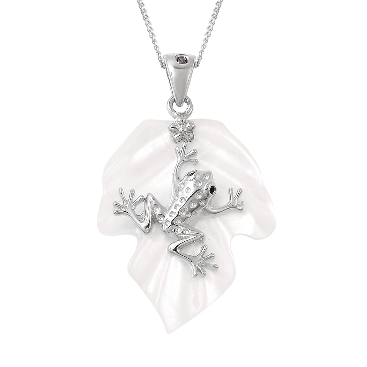 GP - White Mother of Pearl, Blue Sapphire and Boi Ploi Black Spinel Frog on Leaf Pendant With Chain (Size 18) in Rhodium Overlay Sterling Silver