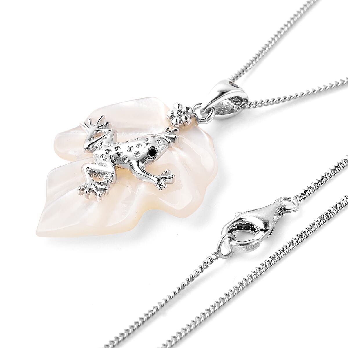 GP - White Mother of Pearl, Blue Sapphire and Boi Ploi Black Spinel Frog on Leaf Pendant With Chain (Size 18) in Rhodium Overlay Sterling Silver