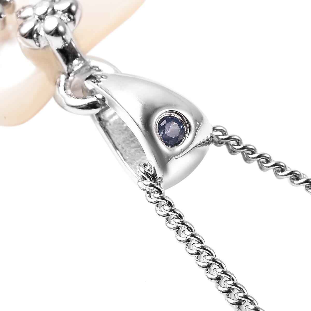 GP - White Mother of Pearl, Blue Sapphire and Boi Ploi Black Spinel Frog on Leaf Pendant With Chain (Size 18) in Rhodium Overlay Sterling Silver