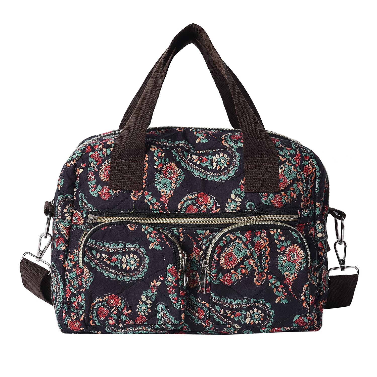 Paisley Pattern Satchel Bag with Zipper Closure and Detachable Shoulder Strap (Size 30x12x22cm) - Black and Multi