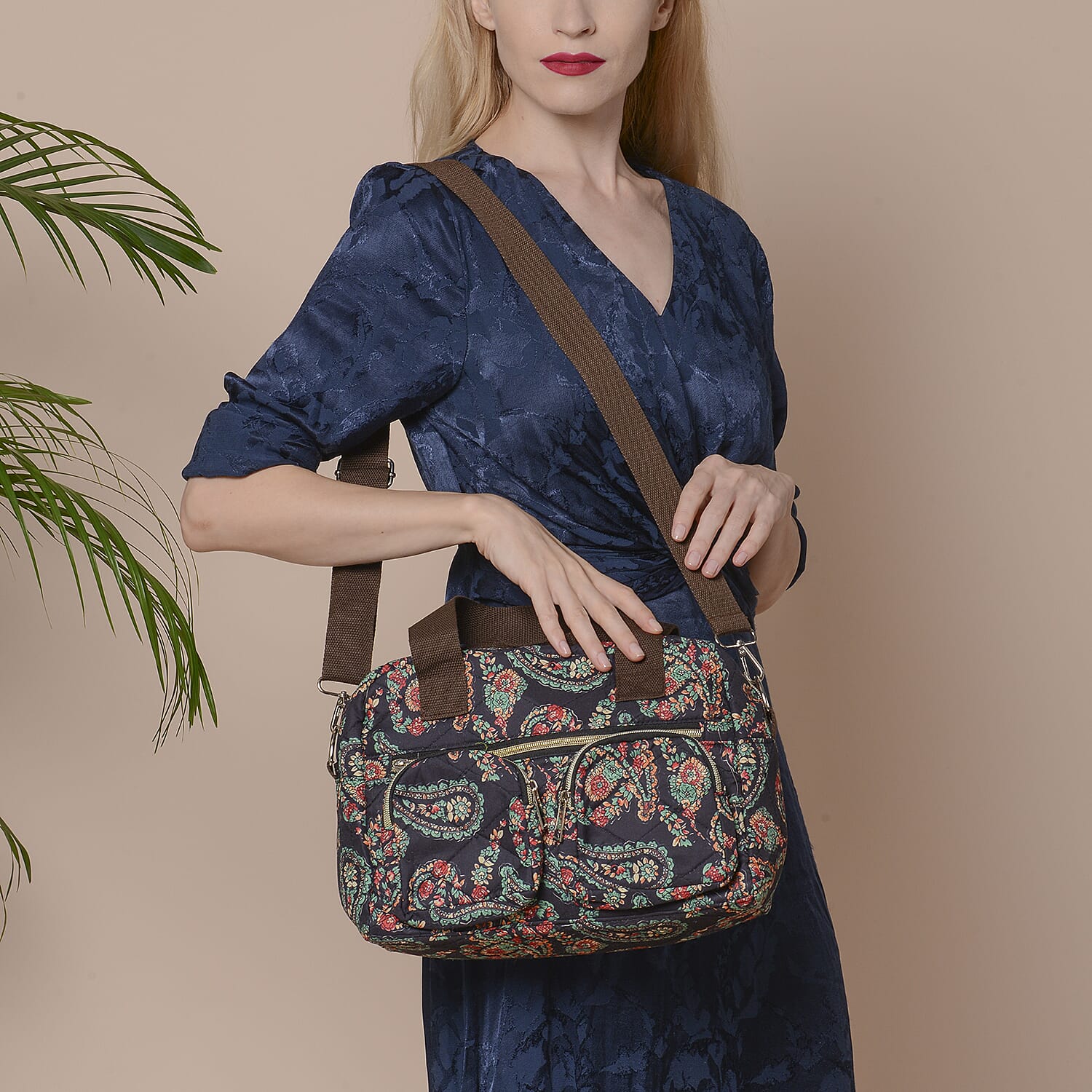 Paisley Pattern Satchel Bag with Zipper Closure and Detachable Shoulder Strap (Size 30x12x22cm) - Black and Multi