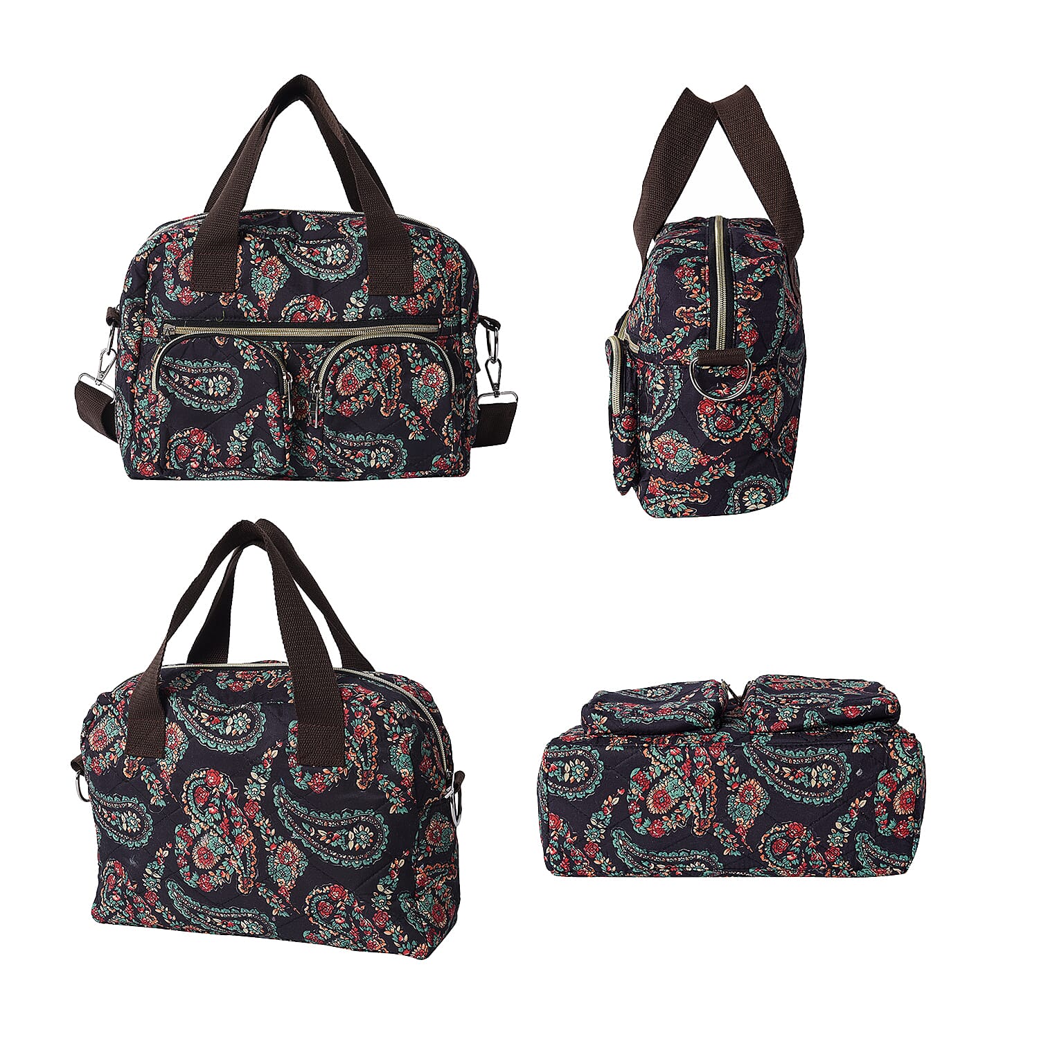 Paisley Pattern Satchel Bag with Zipper Closure and Detachable Shoulder Strap (Size 30x12x22cm) - Black and Multi