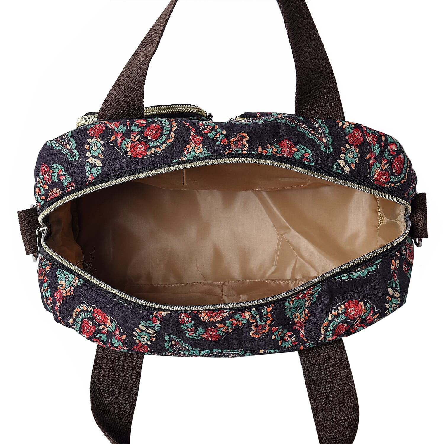 Paisley Pattern Satchel Bag with Zipper Closure and Detachable Shoulder Strap (Size 30x12x22cm) - Black and Multi