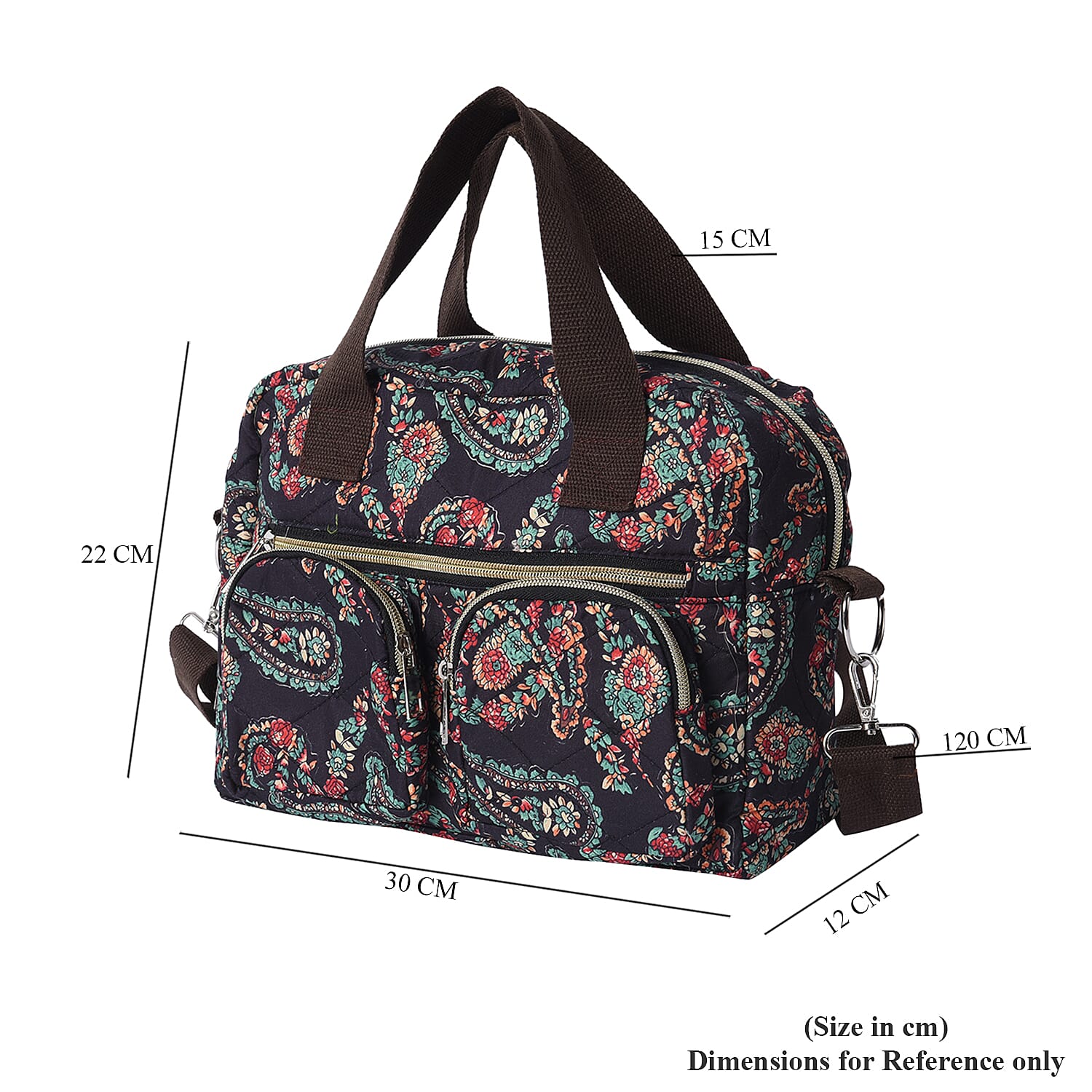 Paisley Pattern Satchel Bag with Zipper Closure and Detachable Shoulder Strap (Size 30x12x22cm) - Black and Multi