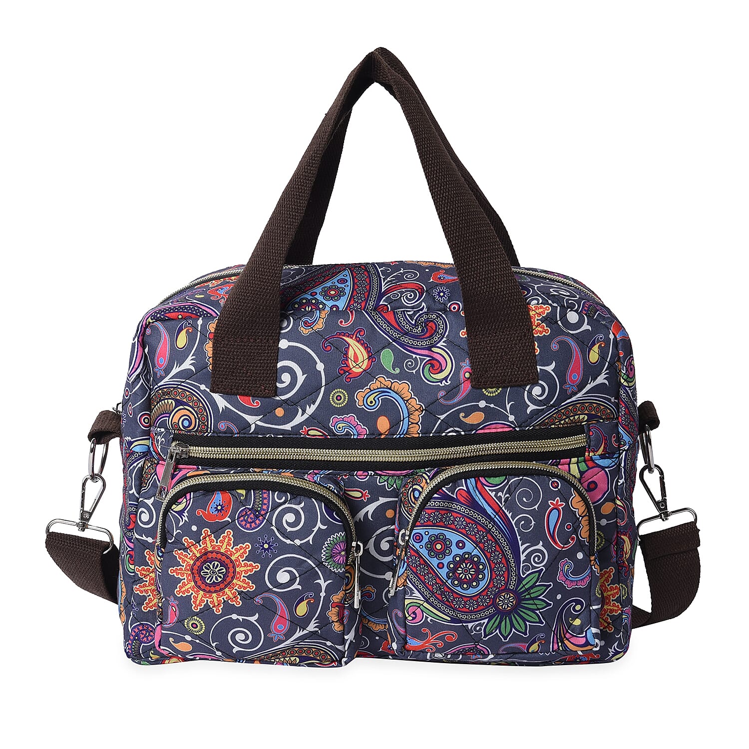 Water Resistant Paisley Pattern Satchel Bag with Zipper Closure and Detachable Shoulder Strap (Size 30x12x22cm) - Grey and Multi