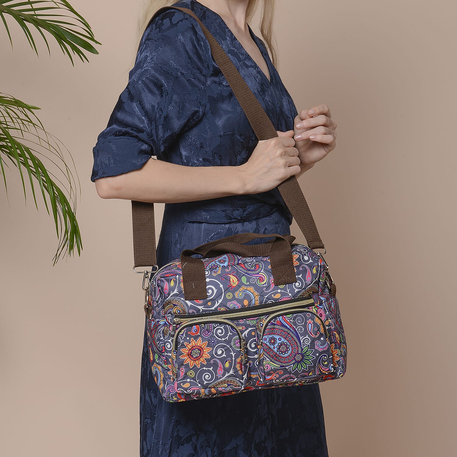 Water Resistant Paisley Pattern Satchel Bag with Zipper Closure and Detachable Shoulder Strap (Size 30x12x22cm) - Grey and Multi