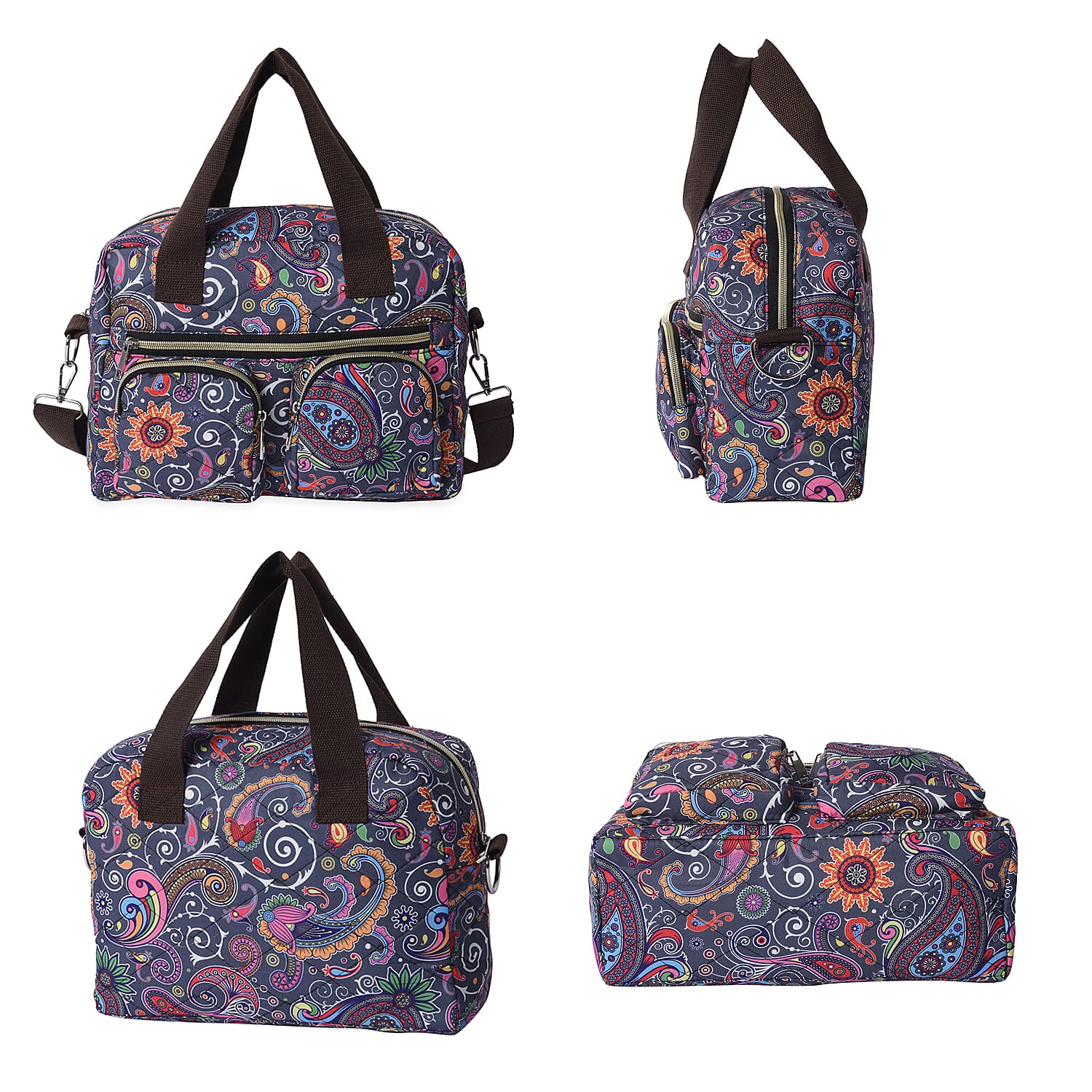 Water Resistant Paisley Pattern Satchel Bag with Zipper Closure and Detachable Shoulder Strap (Size 30x12x22cm) - Grey and Multi