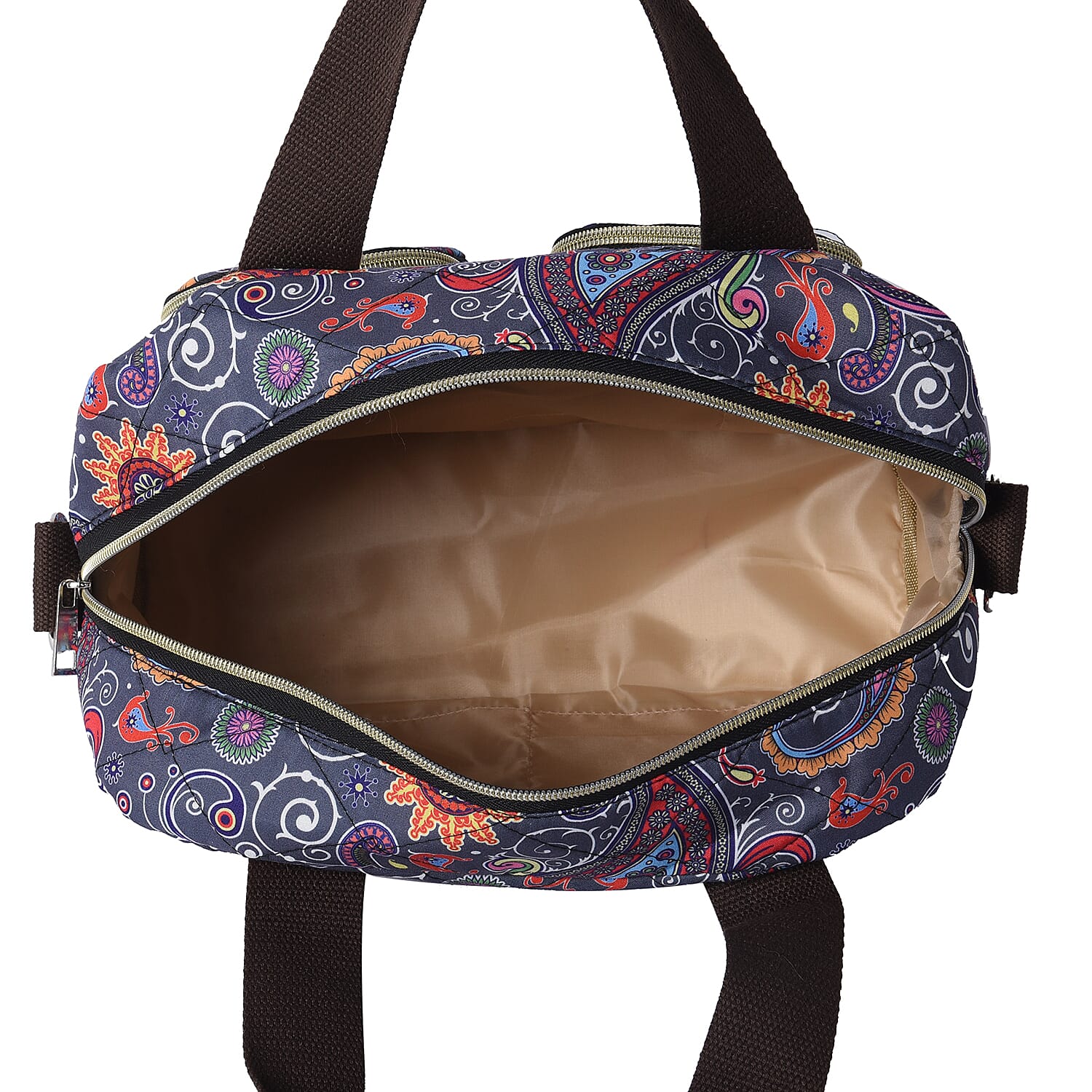 Water Resistant Paisley Pattern Satchel Bag with Zipper Closure and Detachable Shoulder Strap (Size 30x12x22cm) - Grey and Multi