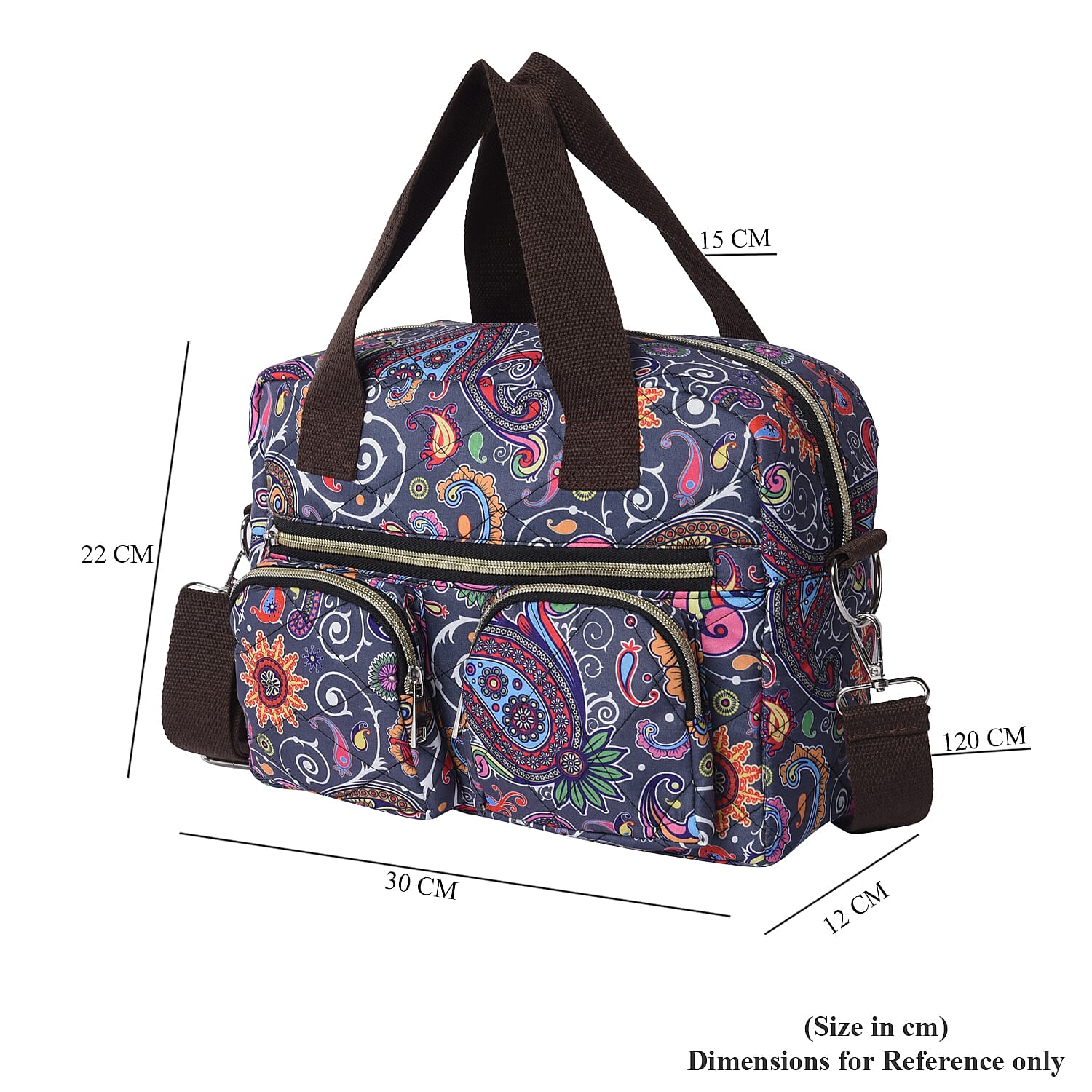 Water Resistant Paisley Pattern Satchel Bag with Zipper Closure and Detachable Shoulder Strap (Size 30x12x22cm) - Grey and Multi