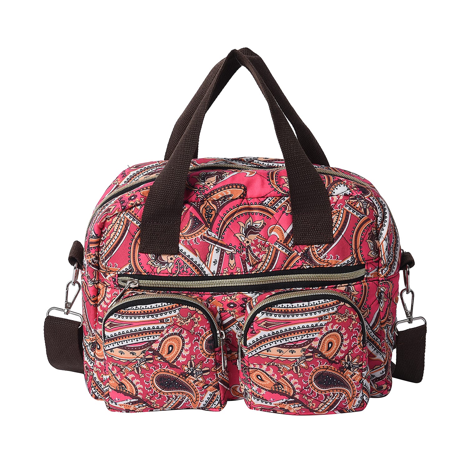 Paisley Pattern Satchel Bag with Zipper Closure and Detachable Shoulder Strap (Size 30x12x22cm) - Pink and Yellow