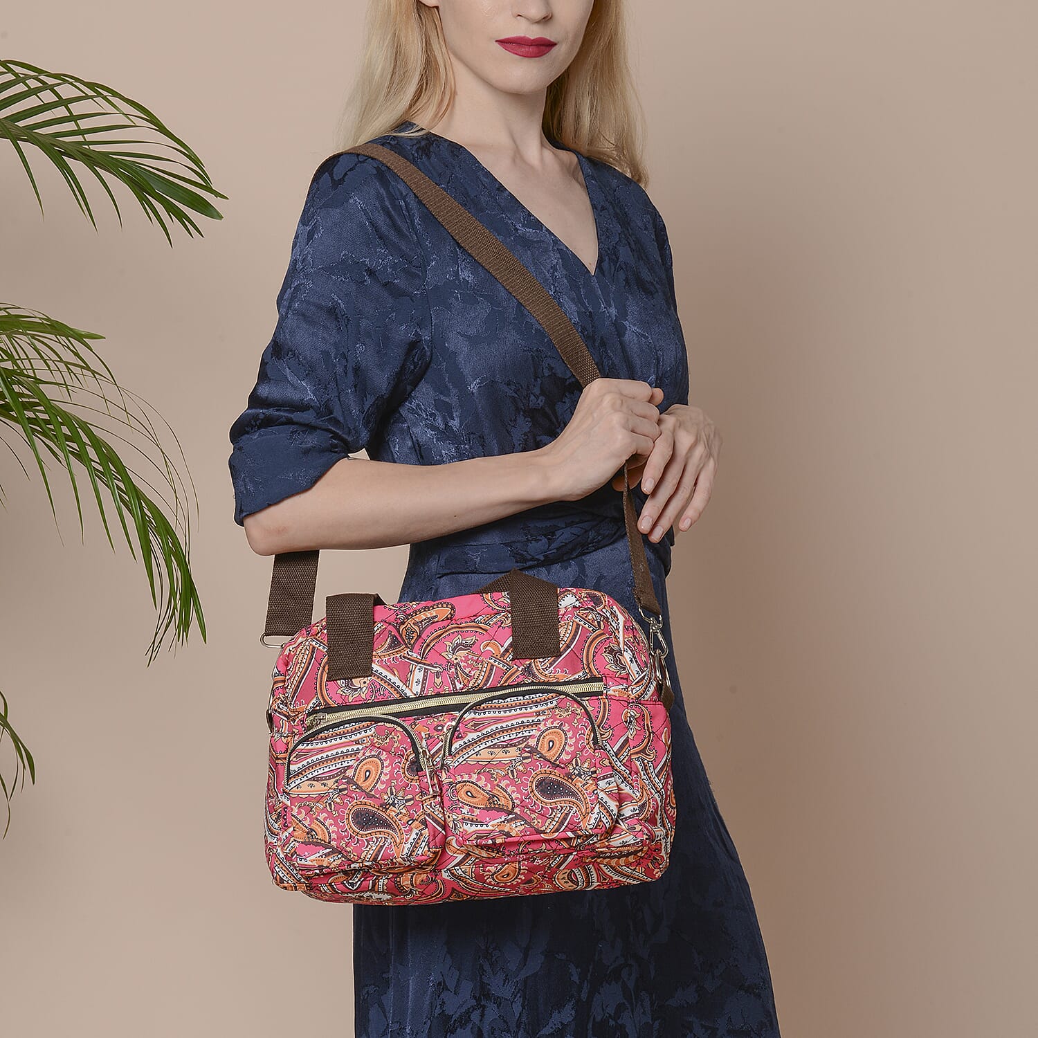 Paisley Pattern Satchel Bag with Zipper Closure and Detachable Shoulder Strap (Size 30x12x22cm) - Pink and Yellow