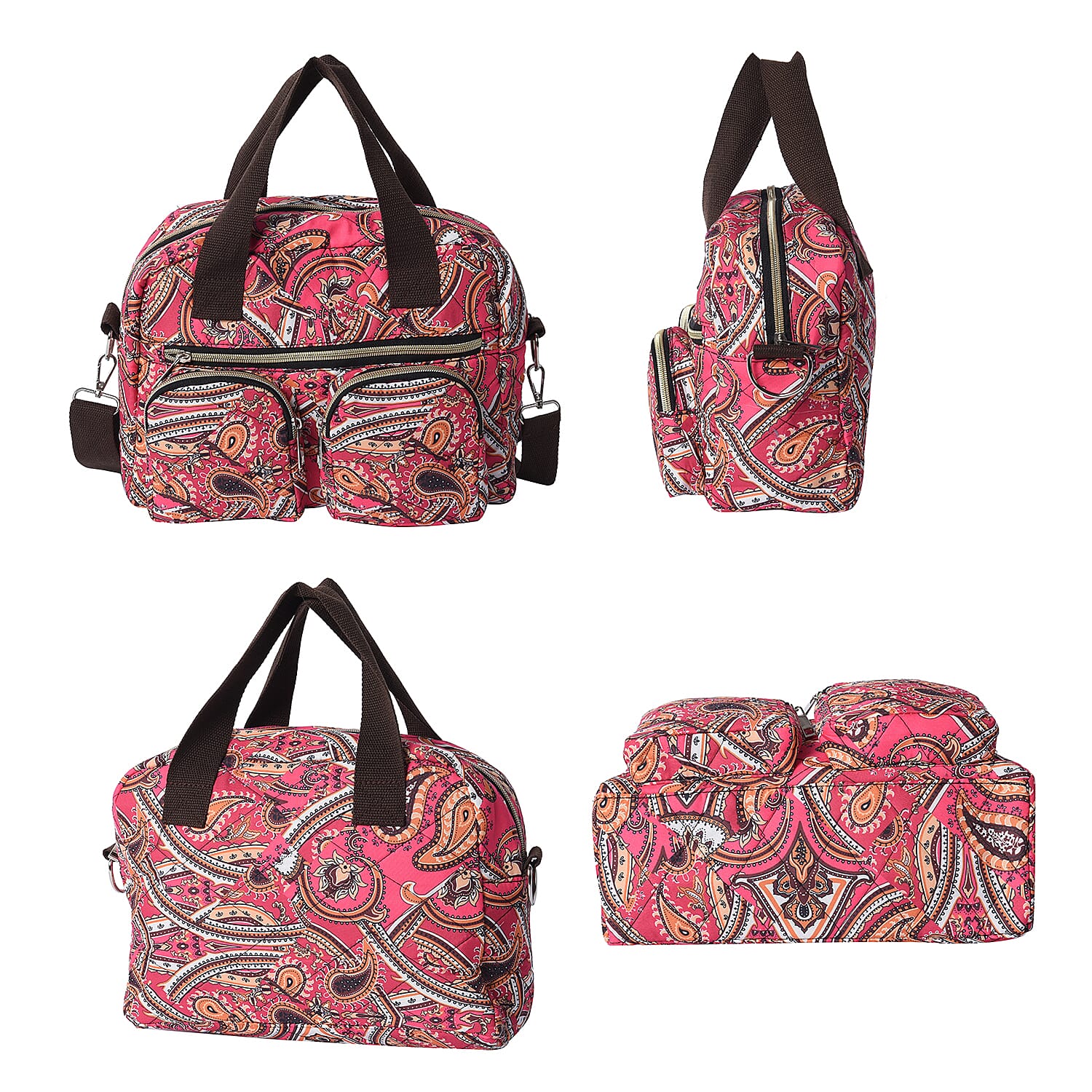 Paisley Pattern Satchel Bag with Zipper Closure and Detachable Shoulder Strap (Size 30x12x22cm) - Pink and Yellow