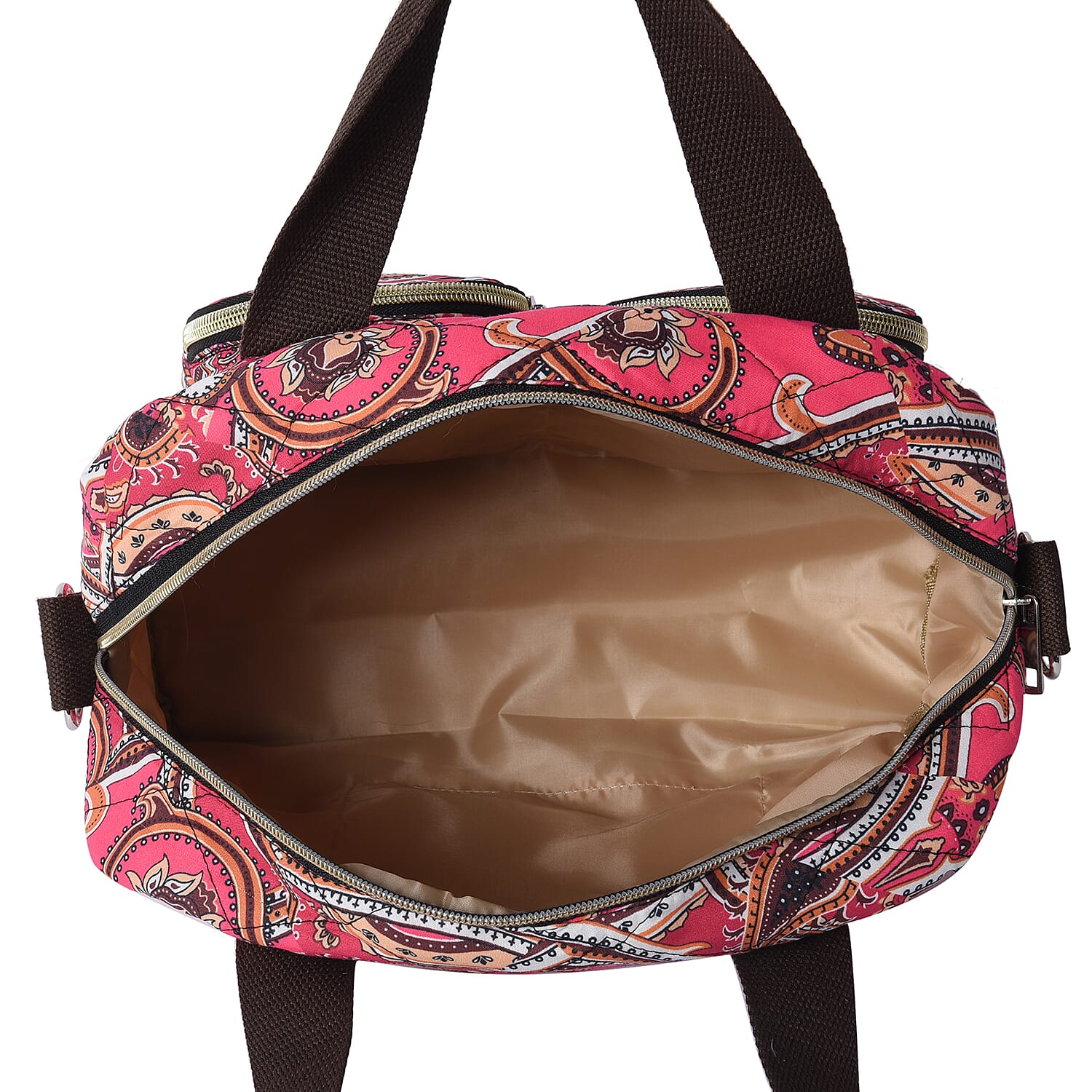 Paisley Pattern Satchel Bag with Zipper Closure and Detachable Shoulder Strap (Size 30x12x22cm) - Pink and Yellow